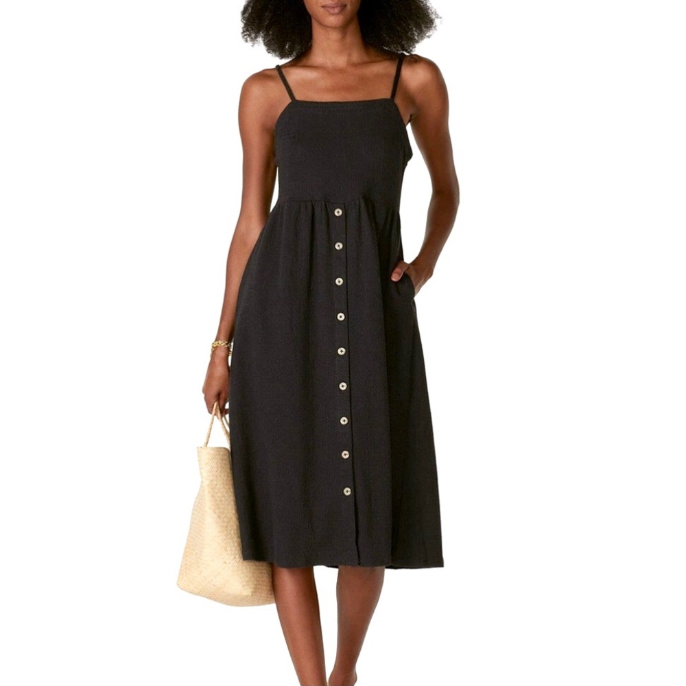 Black Button-Front Spaghetti Strap Midi Dress